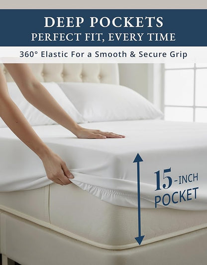 100% Egyptian Cotton Sheets King Size - Naturally Cooling & Breathable 4 Piece Silky Sateen Weave King Size Sheets Set, Ultra-Soft & Durable Hotel Luxury Sheets with 15" Snug Fit Deep Pockets - White