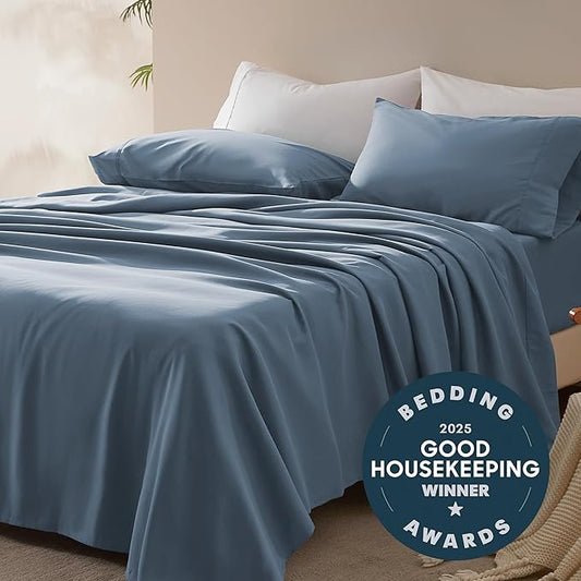 SLEEP ZONE Nanotex Super Soft Cooling Full Size Bed Sheets Set 4 Piece - Easy Care Fitted Flat Sheet & Pillowcase Sets - Wrinkle Free, Fade Resistant, Deep Pocket 16" (Flint Blue, Full)