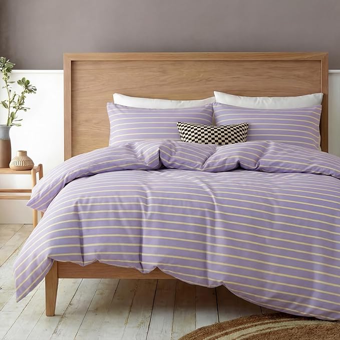 Bedbay Lavender Striped Duvet Cover Set Queen Size, 100% Cotton Sateen Bedding Set, Silky Soft Light & Fresh 3 Piece Duvet Cover for All Seasons