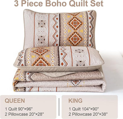 WONGS BEDDING Boho Beige Quilt Set King Size,Geometry Printed Bedspread Coverlet Set with 2 Pillowcases,Soft Bohemian Bedding Set King 104"×90"