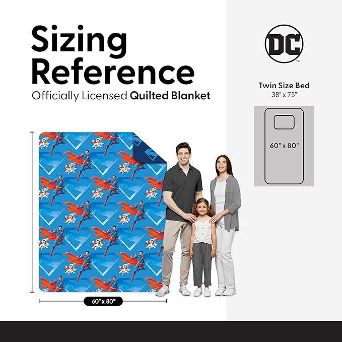 Northwest DC Comics Superman Above Metropolis Reversible Quilted Throw Blanket, Comfy Iconic Throw, Adults Boys Girls, Legendary Superhero Bedding for Bed, or Couch, 60 x 80 inches