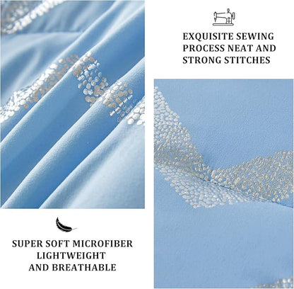Menghomeus Blue/Silver Comforter Set Queen/Full Size Metallic Print Glitter Bed Comforter Cute Shinny Bedding for Teen Girls Kids Women, 4 Piece (2 Pillowcases, 1 Decorative Pillow Sham)