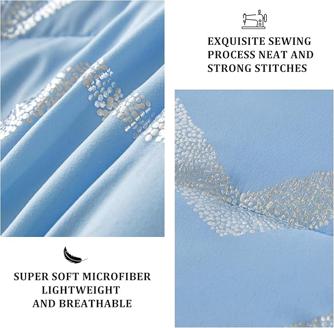 Menghomeus Blue/Silver Comforter Set Twin/Twin XL Size Metallic Print Glitter Bed Comforter Cute Shinny Bedding Sets for Teen Girls Kids, 3 Piece (1 Pillowcase, 1 Decorative Pillow Sham)