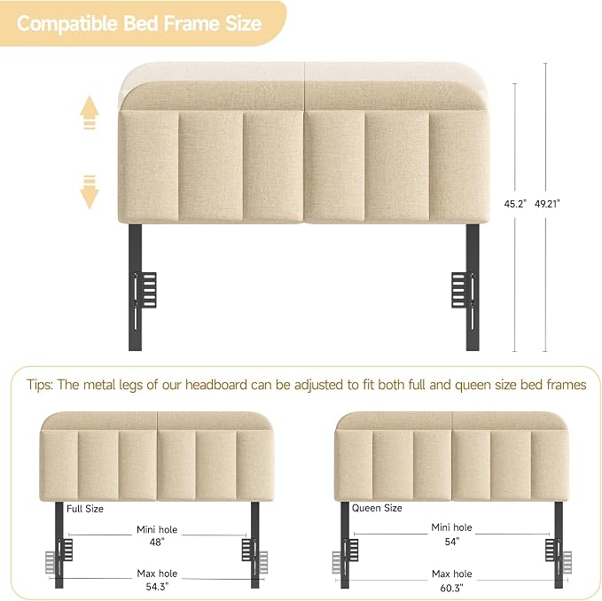 Adjustable Headboard for Full/Queen Size Bed Frame, Linen Fabric Bed Headboard with Storage & RGB LED Light in Modern Vertical Channel Design, Beige