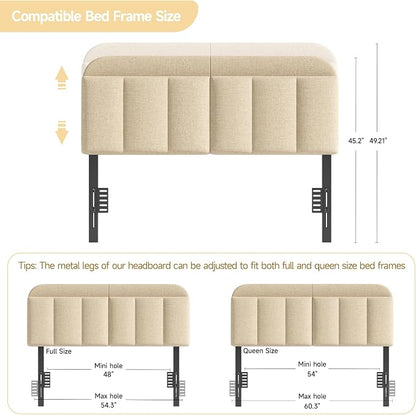 Adjustable Headboard for Full/Queen Size Bed Frame, Linen Fabric Bed Headboard with Storage & RGB LED Light in Modern Vertical Channel Design, Beige