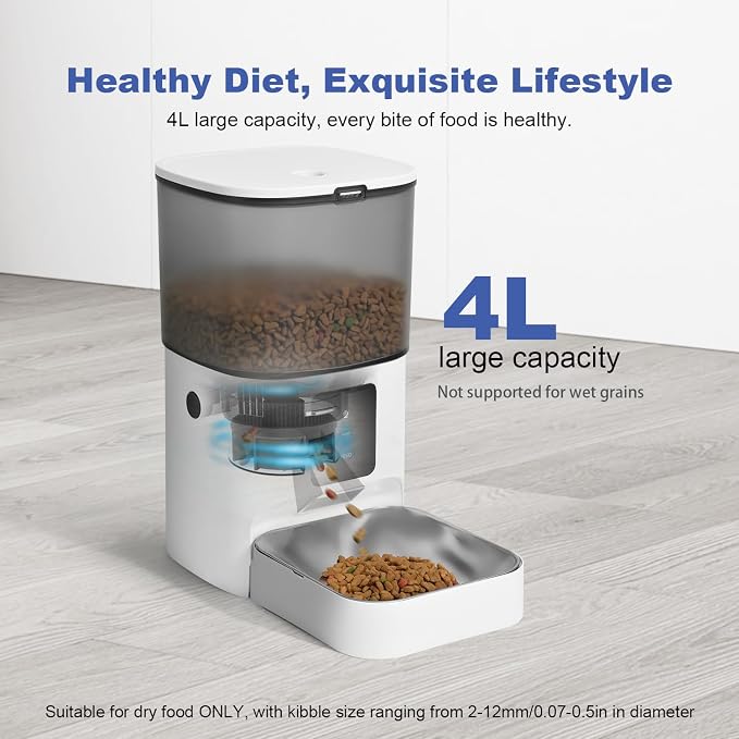 2.4G Automatic Cat Feeder, 4L WiFi Food Dispenser with 10s Voice Recorder, Pet Feeder up to 10 Meals per Day, Timed Cat Feeder with Dry Food Sealed Ring