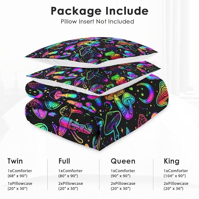 Twin Size Comforter Set with Pillowcase, Summer Halloween Mushroom Neon Soft 2 Pcs Bedding for Kids and Adults Bedroom Bed Decor