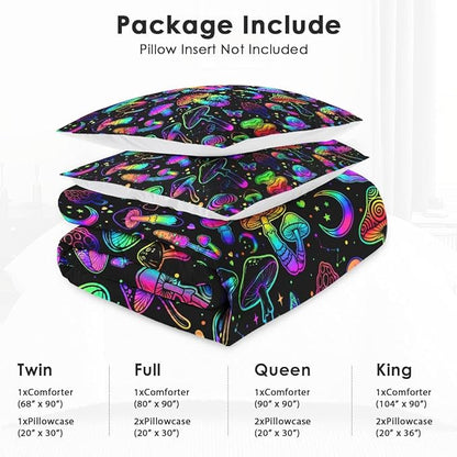 Full Size Comforter Set with 2 Pillowcases, Summer Halloween Mushroom Neon Soft 3 Pcs Bedding for Kids and Adults Bedroom Bed Decor