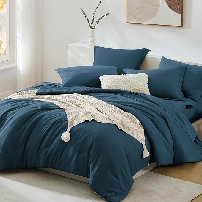 WRENSONGE King Size Comforter Sets- 7 Pieces Soft Serenity Blue Bed in a Bag King with Fitted Sheet, Flat Sheet, 2 Pillow Shams, and 2 Pillowcases-Warm King Bedding Set for All Season