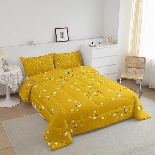 Erosebridal Stars Constellation Kids Bedding Yellow Grey Galaxy Space Twin Comforter Set for Boys Girls Moon Zodiac Print Bed Comforter Set, Cartoon Style Quilt 2 Piece, 1 Comforter 1 Pillowcase