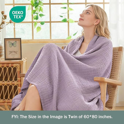 EMME Cotton Muslin Twin Blanket Breathable Gauze Soft Lightweight Adults Gifts for Women (Heather Lavender, 60"x80")