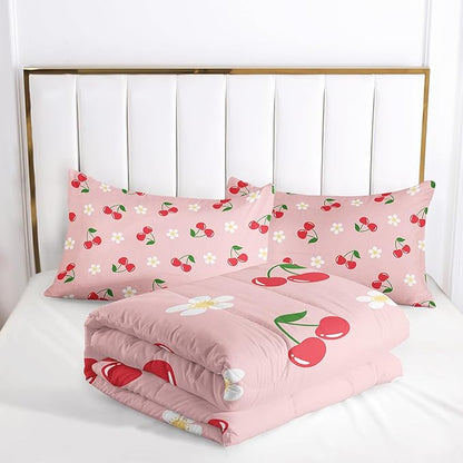 Pink Kawaii Bedding Set for Girls,3Pcs Cute Cartoon Fruit Printed Bedding King Size,Cherries and Flowers Comforter for Kids Girls Women,Lovely Pink Floral Comforter Set 1 Quilt 2 Pillowcases