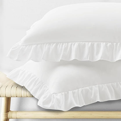 KKJIAF Ruffle Pillow Cases King Size Set of 2, Ruffled Pillow Covers with Envelope Closure, Wrinkle Resistant Pillowcases 20" x 36", Ruffled Pillow Shams, White