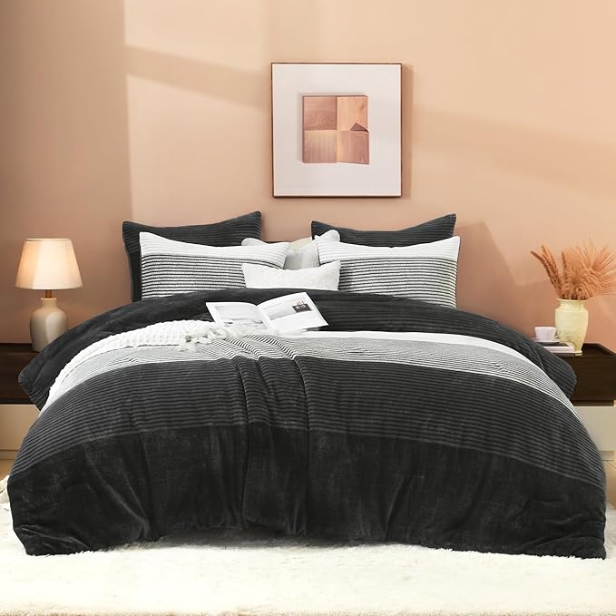 Litanika Fluffy Fleece Queen Comforter Set, Luxury Soft Plush Fuzzy Grey White Stripe Bedding Comforter Sets, Warm Shaggy Faux Fur Bed Set All Season (1 Comforter, 2 Pillowcases)