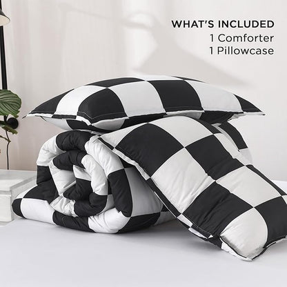 Andency Checkered Comforter Queen(90x90Inch), Black White Plaid Gingham Bed Set for Teen Boys Kids, Lightweight Polyester Geometric Preppy Bedding, 3 Pieces