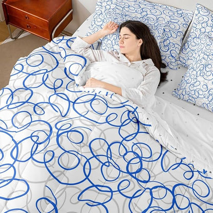 Erosebridal Blue White Geometric 7 Piece Comforter Set King Abstract Line Modern Art Bedding Set for Kids Teens Boys Chic Swirls Bed in A Bag Texture Artwork Sheet Set Bedroom Decor