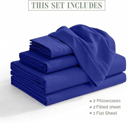 Elegant Comfort Luxurious 1500 Premium Hotel Quality Microfiber Three Line Embroidered Softest 5-Piece Bed Sheet Set, Wrinkle and Fade Resistant, Split King, Royal Blue
