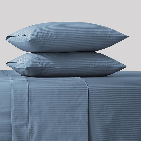 Feather & Stitch 500 TC Twin Size Damask Bed Sheet Set, 100% Cotton Soft Breathable Bedsheets, 3 Piece 18" Deep Pockets Sateen Weave Striped Bedding Mattress Resort Hotel Luxury Décor - (Blue Stripe)