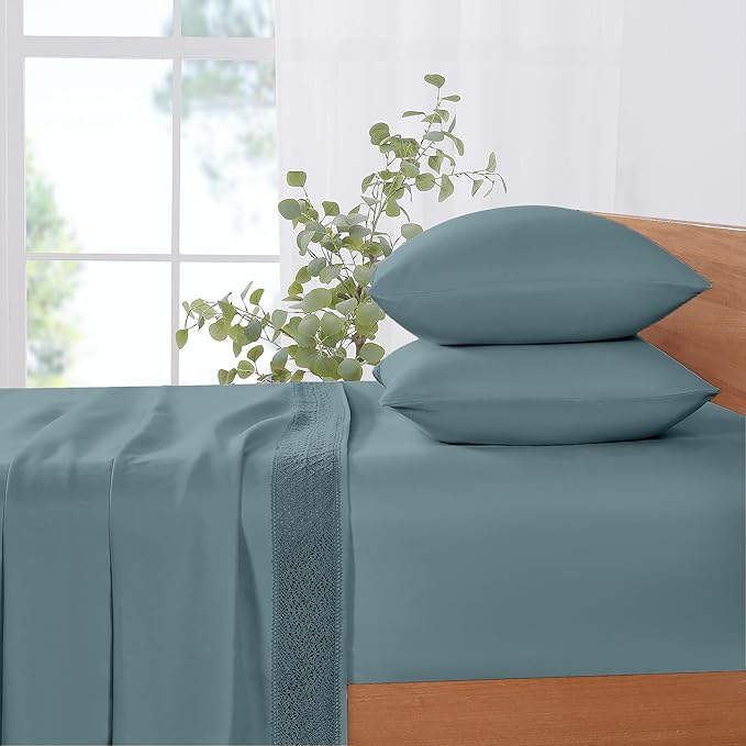 Modern Threads 4 Piece Microfiber Sheet Set – Soft Cooling Bed Sheets with Crochet Lace – Deep Pocket, Wrinkle Free, Breathable, Hotel Luxury Bedding, Slate Teal, California King