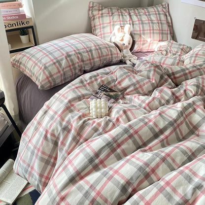EAVD Vintage Style Plaid Duvet Cover Queen Grey Pink Grid Soft 100% Washed Cotton Reversible Bedding Set Farmhouse Grid Checkered Bedding Set with 2 Pillowcases Modern Gingham Duvet Cover with Zipper