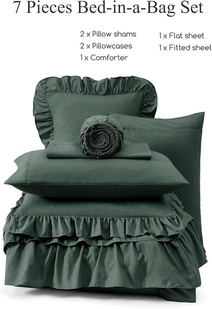 Queen Comforter Set Forest Green, Ruffle Shabby Chic Bedding Set Farmhouse 7 Pieces, All Season Fluffy Bed in a Bag with Sheets, Pillowcases & Shams