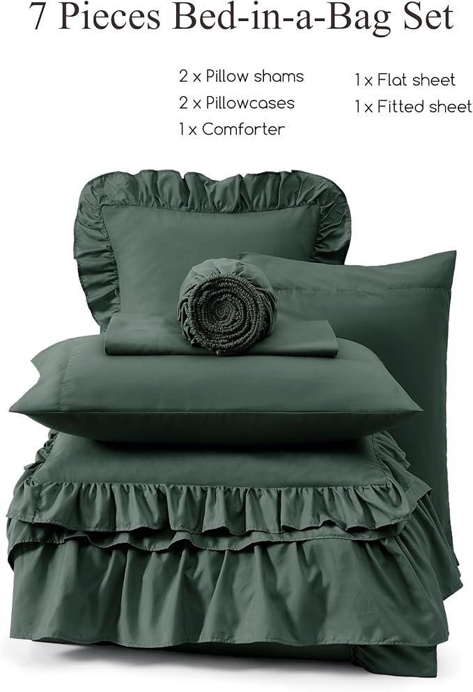 Full Comforter Set Forest Green, Ruffle Shabby Chic Bedding Set Farmhouse 7 Pieces, All Season Fluffy Bed in a Bag with Sheets, Pillowcases & Shams