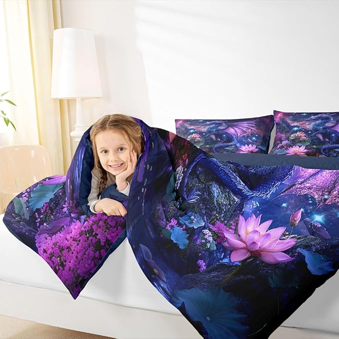 Feelyou Dragon Comforter Set Queen Size Dragon Stuff Bedding Set for Kids Boys Girls Wild Life Duvet Quilt Magic Wildlife Bedroom Decor Dull Purple Microfiber 3 Pcs with 2 Pillow Cases