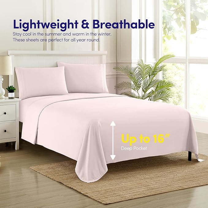 1500 Supreme Collection Full Sheet Sets Pale Pink - Luxury Hotel Bed Sheets and Pillowcase Set for Full Mattress - Extra Soft, Elastic Corner Straps, Deep Pocket Sheets, Full Pale Pink
