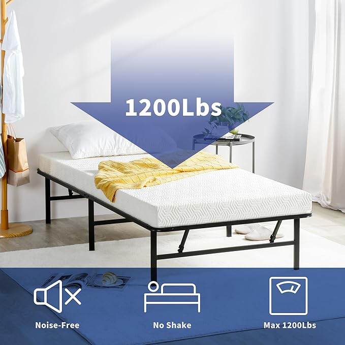 Olee Sleep 14 Inch Foldable Metal Platform Bed Frame, Steel Mattress Foundation, Comfort Base, Easy Under Bed Storage, No Box Spring Needed, Twin Size