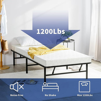 Olee Sleep 14 Inch Foldable Metal Platform Bed Frame, Steel Mattress Foundation, Comfort Base, Easy Under Bed Storage, No Box Spring Needed, Twin Size