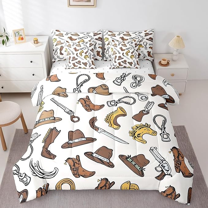 Erosebridal Cowboy Boots for Men Bed in a Bag King Size Comforter Set 7 Pieces,U-Shaped Horse Bedding Sets Western Sheet Set with Comforter