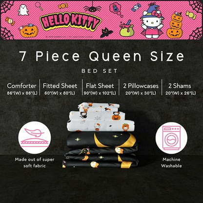 Sanrio Hello Kitty Halloween Pumpkin Queen Bed Set – Super Soft & Cozy 5 Piece Reversible Comforter and Sheet Set (Officially Licensed Product) by Franco