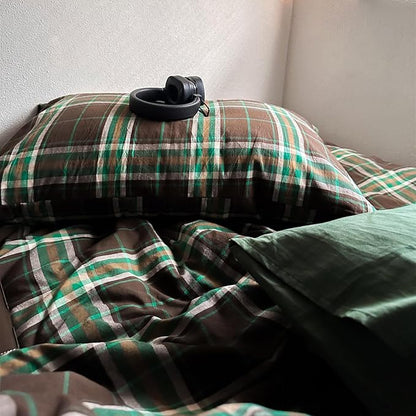 Brown & Green Buffalo Plaid Duvet Cover Set Twin 3 Piece Vintage Checkered Grid Bedding Set 100% Washed Cotton Plaid Comforter Cover Farmhouse Grid Pattern Breathable Duvet Cover with 2 Pillowcases