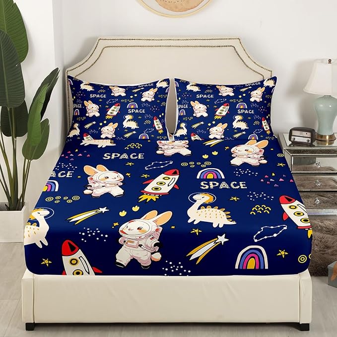 Cute Rabbits Bed Sheets Set Kids Boys Dinosaurs Fitted Sheet Cartoon Rocket Bedding Set for Bedroom Decor Starry Galaxy Navy Sheet (Queen Flat Sheet & Fitted Sheet with 2 Pillow Case)