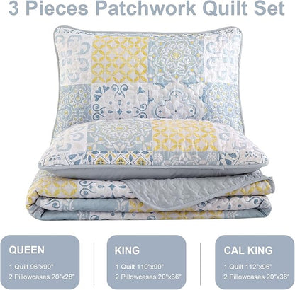 Dobuyly California King Quilt Set 3 Pieces, Yellow/Blue/Grey Patchwork Bedspreads, Boho Summer Coverlet Set, Soft Lightweight Microfiber Cal King Bedding Set for All Seasons 112"x96"