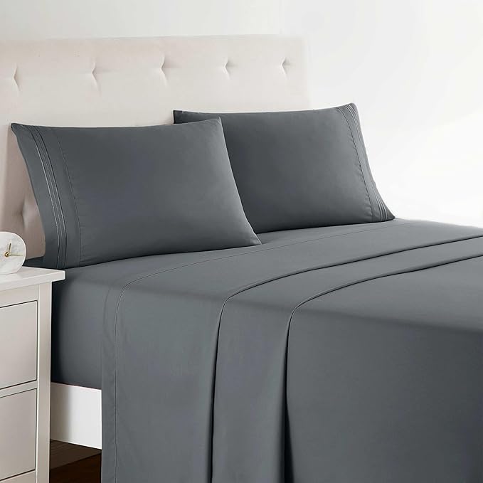 Clara Clark Full XL Bed Sheet Set - Wrinkle, Fade, Stain Resistant, Deep Pocket Sheets - Luxury Soft Bedding Sheets & Pillowcases, Full XL Charcoal Gray