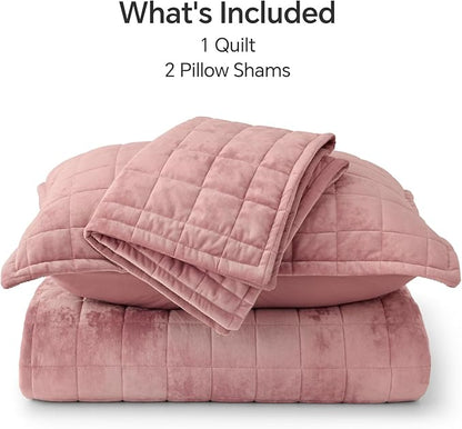 BEDELITE Velvet Quilt Set King Size - Luxury Velvet Comforter Bedding Set 3 Pieces, Lightweight Soft Cozy Rose Pink Oversized Bedspread Coverlet for All Seasons with 2 Pillow Shams