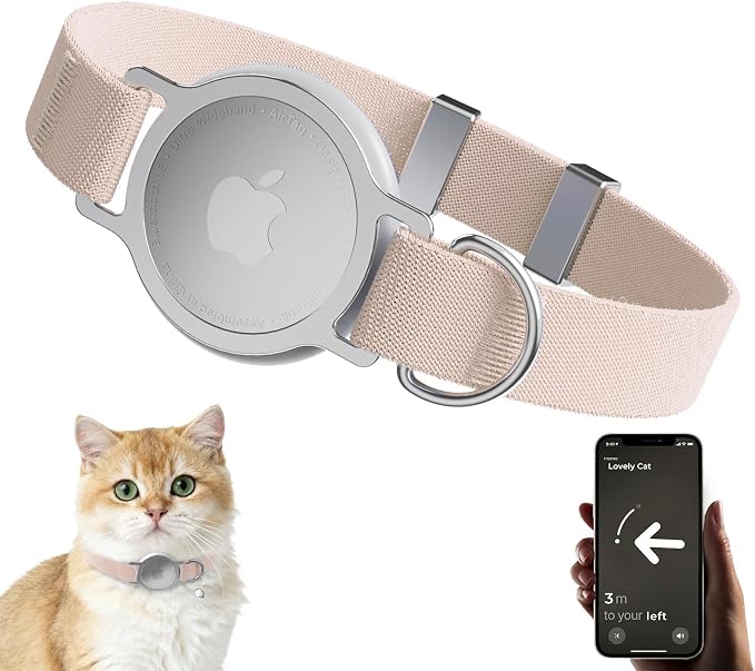 Tag Cat Collar, Ultra Elastic Cat Tracker Collar (Khaki) | Compatible with Apple Tag Holder, Lightweight, Scratch Resistant, Stepless Adjustable Pet Tracking Collars for Cat Kitten
