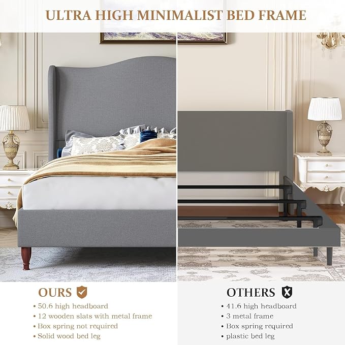 koorlian King Size Upholstered Bed Frame with 51'' Tall Headboard, Grey | Reinforced Platform Bed, Easy Assembly, Soft Fabric, Sleigh Wingback, Solid Wood Retro Legs, Noise-Free, Classic & Simple