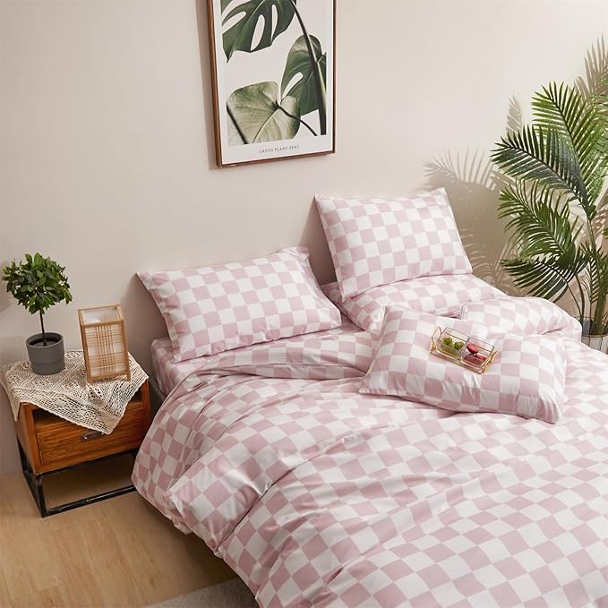 CLOTHKNOW Pink White Plaid Comforter Set Full Size Grid Bedding Comforter Sets Soft Geometric Checker Comforter with 2 x Pillow Cases
