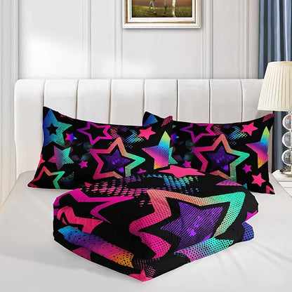 Kawaii Color Star Comforter Set Kids Bedroom Set,Neon Light Star Bedding Queen Size Comforter Sets for Boys Girls Room Decor,Aesthetic Bedding Sets with 2 Pillowcases.
