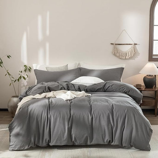 Dark Grey Duvet Cover Oversize Queen Size Bedding Set Cover 100% Washed Cotton Duvet Cover with Zipper Closure and 2 Pillowcases, 98inch x 98inch