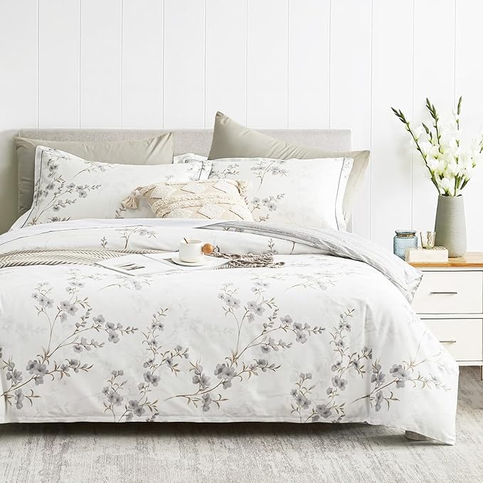 Vintage Botanical White Cotton Comforter Twin Size - Elegant Gray Flowers and Taupe Branches on White, Light Gray Striped Back, 2PC Lightweight Bedding Set with Soft Alternative Fill