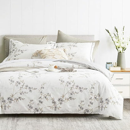 Vintage Botanical White Cotton Comforter Twin Size - Elegant Gray Flowers and Taupe Branches on White, Light Gray Striped Back, 2PC Lightweight Bedding Set with Soft Alternative Fill