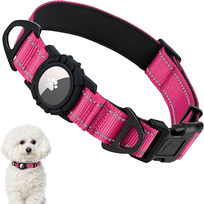 Taglory AirTag Dog Collar with Waterproof Holder for Small Dogs, Hot Pink S | Reflective for Night Walks & Low-Light Safety, Track Your Pup Peace of Mind, Adjustable Soft Padded, No More Dangling Tags