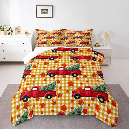 Erosebridal Christmas Comforter Set Queen, Red Truck Down Comforter, Xmas Tree Maple Leaves Bedding Set, Yellow Lattice Grid Bedding Comforters & Sets, Autum Quilt Set for Kids Teens Bedroom Decor