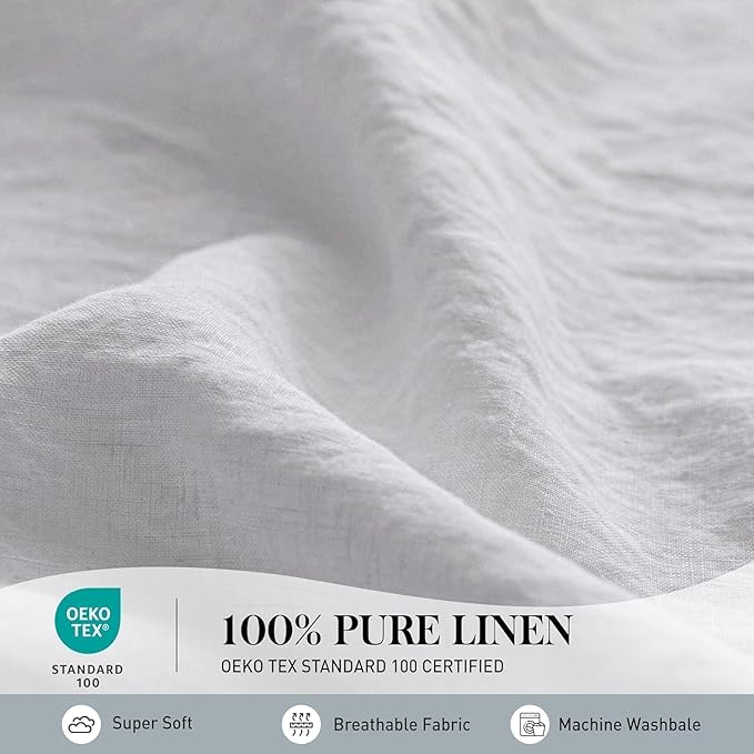 Simple&Opulence 100% Linen Duvet Cover Set, 3 PCS Natural French Flax White Ruffle Duvet Cover Queen Size, Breathable Comfy Linen Bedding Comforter Cover with 2 Pillowcases (White, 88" X 92")