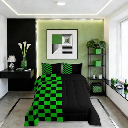 Geometric Plaid Kids Comforter Set Twin Size,Patchwork Grid Video Games Bedding Set Boys Room Decor,Simple Lattice Abstract Quilt Comforter,Black & Green Duvet Set Bedroom Quilt Set,1 Pillowcase