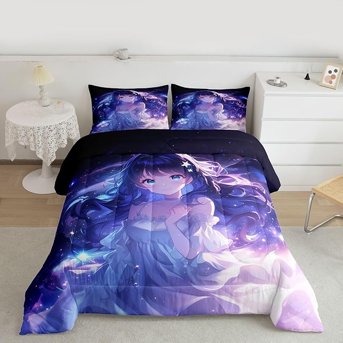Erosebridal Anime Girls Bedding Anime Gifts Comforter Set for Kids Purple 3D Galaxy Printing Bedding Sets, Cartoon Long Curly Hair Girly Printed Comforter Kids Kawaii Japanese Girl Bed Set, King