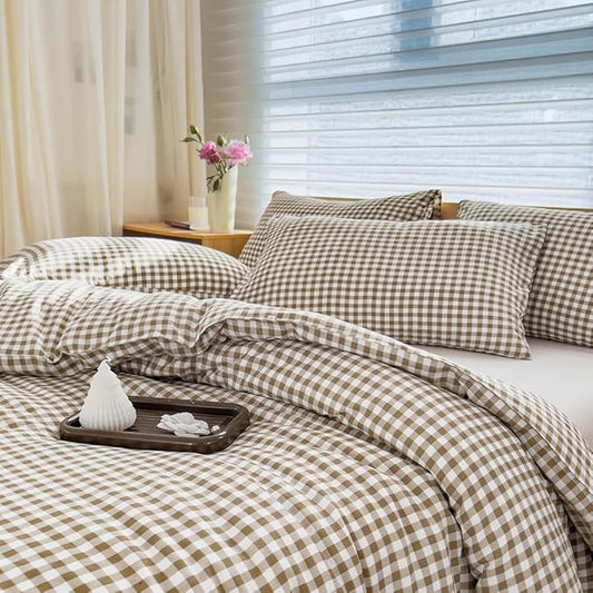 NSNLGSGC Queen Comforter Set, Tan Gingham Bedding Comforter Sets, Brown Grid Bed Comforter 3 Pieces (1 Comforter, 2 Pillowcases)